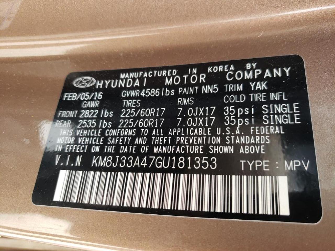 Photo 10 from auction – 2016 HYUNDAI TUCSON LIM with VIN KM8J33A47GU181353