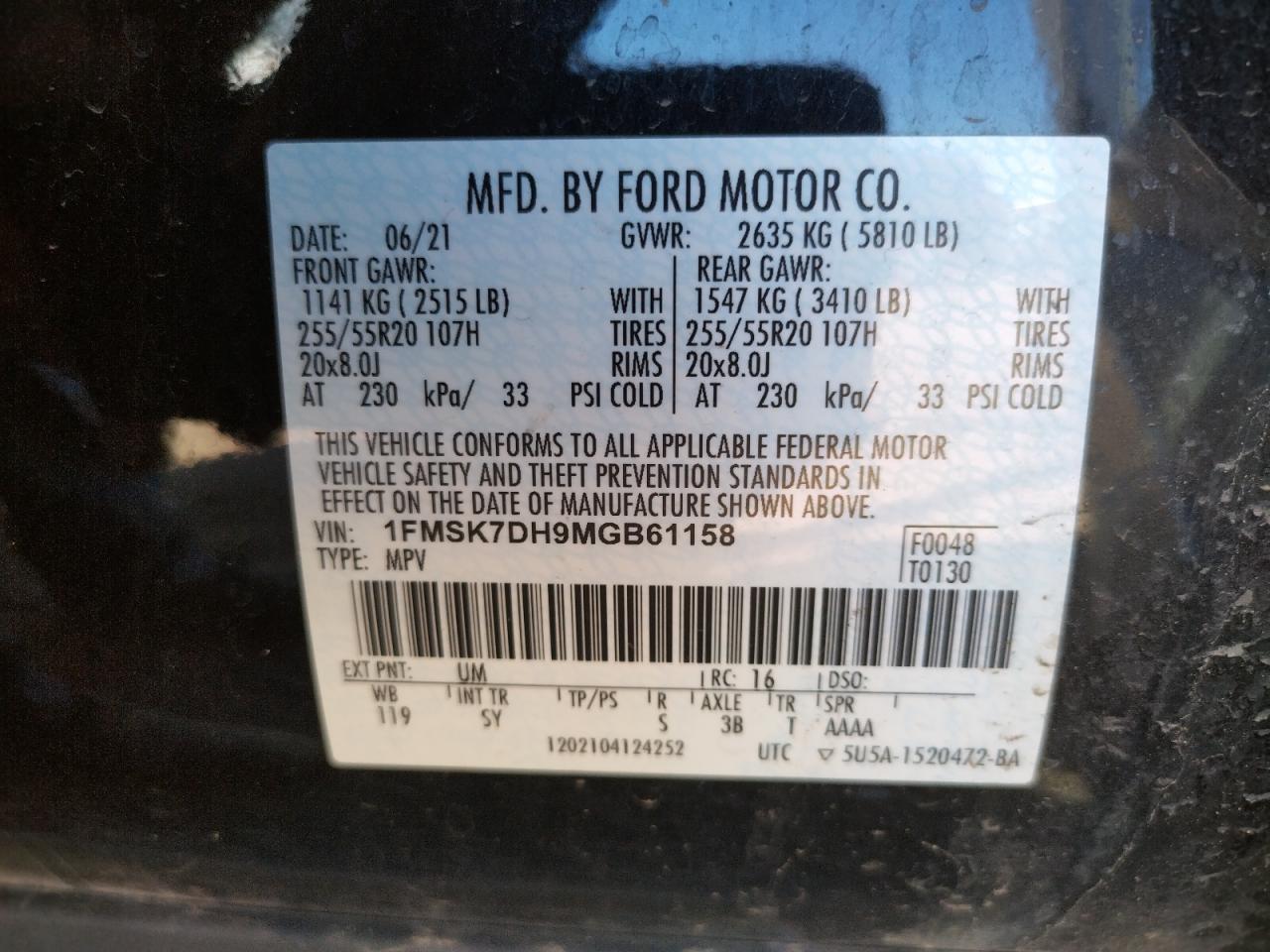 Photo 10 from auction – 2021 FORD EXPLORER X with VIN 1FMSK7DH9MGB61158