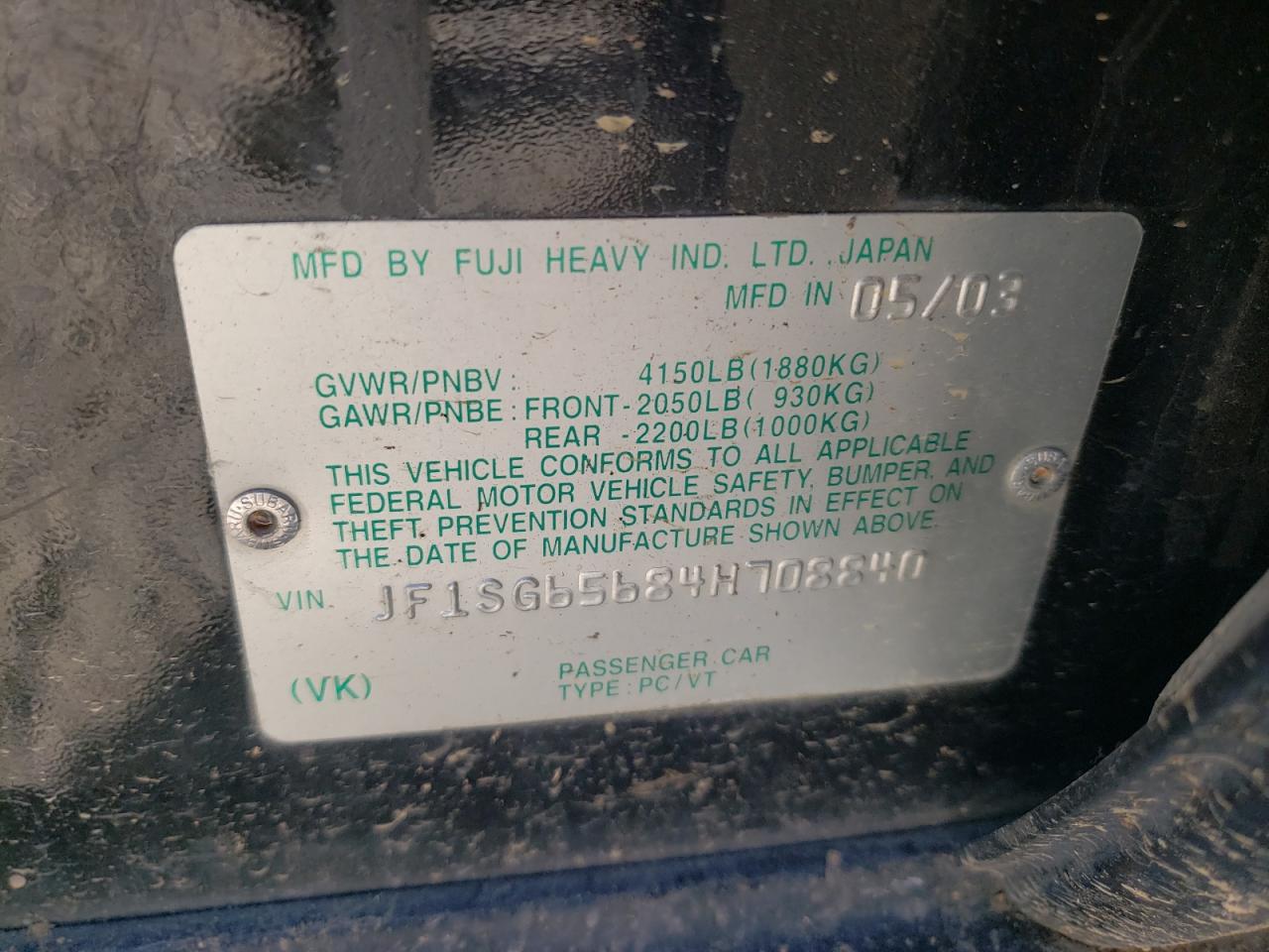 Photo 10 from auction – 2004 SUBARU FORESTER 2 with VIN JF1SG65684H708840