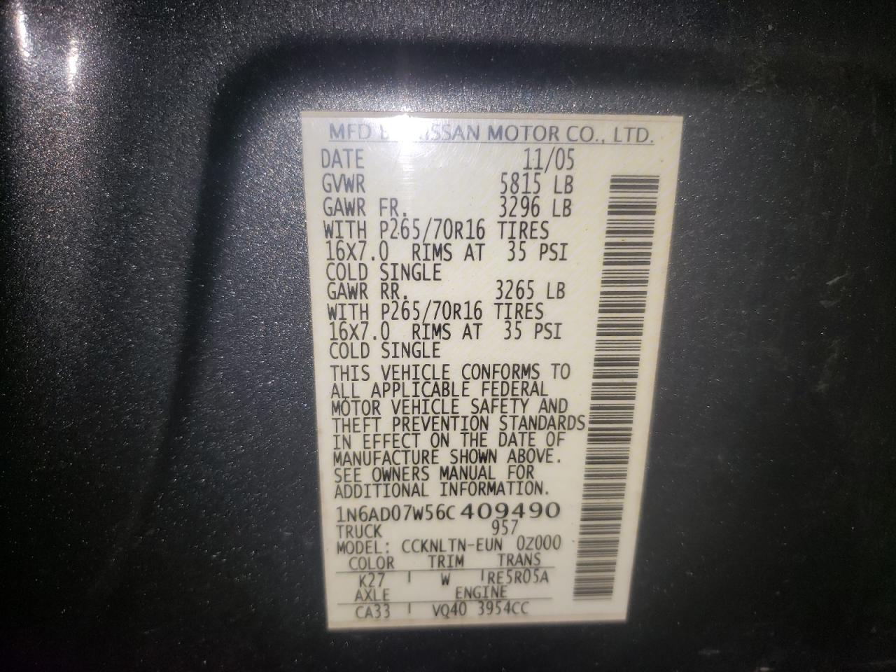 Photo 10 from auction – 2006 NISSAN FRONTIER C with VIN 1N6AD07W56C409490