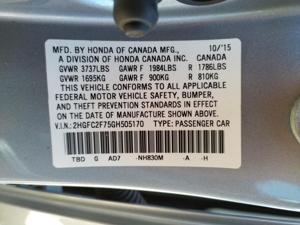Photo 10 from auction – 2016 HONDA CIVIC EX with VIN 2HGFC2F75GH505170