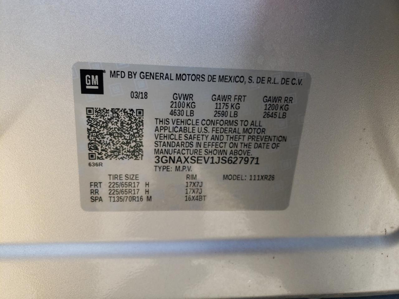 Photo 10 from auction – 2018 CHEVROLET EQUINOX LT with VIN 3GNAXSEV1JS627971