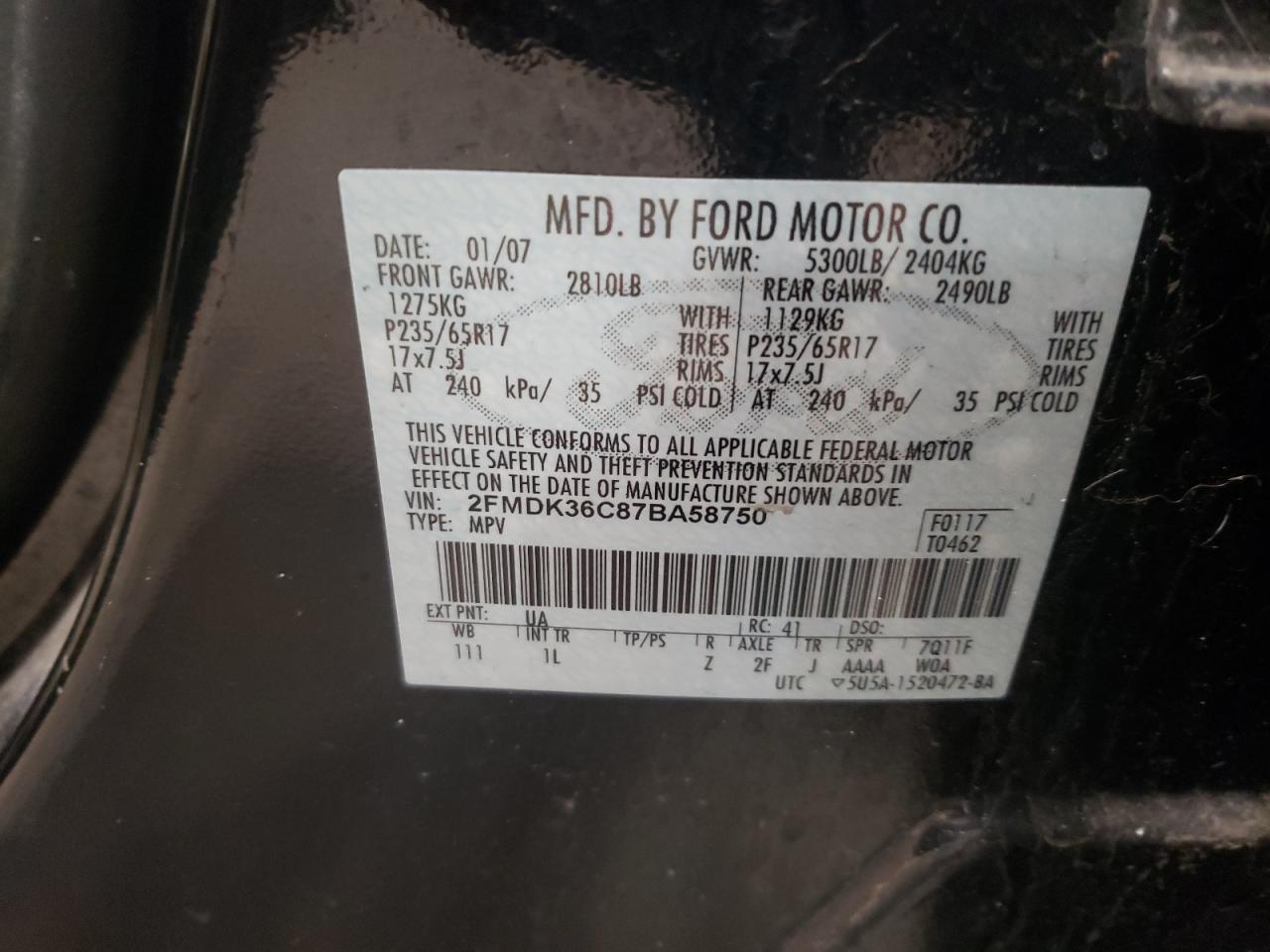 Photo 10 from auction – 2007 FORD EDGE SE with VIN 2FMDK36C87BA58750