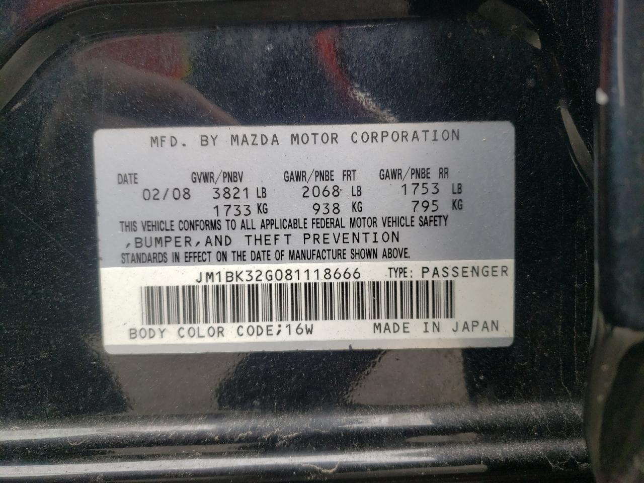 Photo 10 from auction – 2008 MAZDA 3 I with VIN JM1BK32G081118666