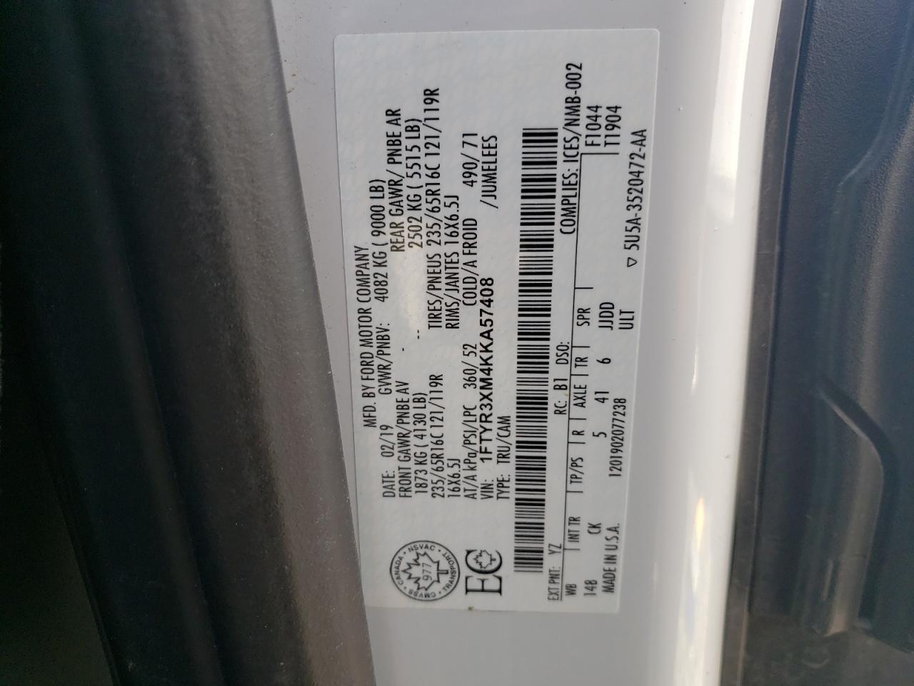 Photo 10 from auction – 2019 FORD TRANSIT T- with VIN 1FTYR3XM4KKA57408