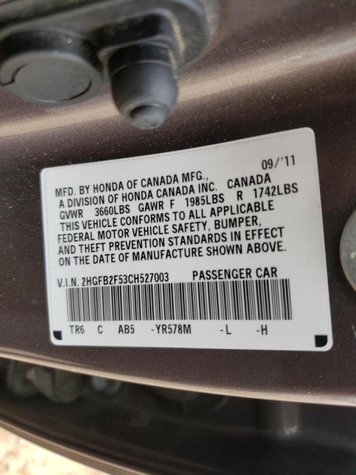 Photo 10 from auction – 2012 HONDA CIVIC LX with VIN 2HGFB2F53CH527003