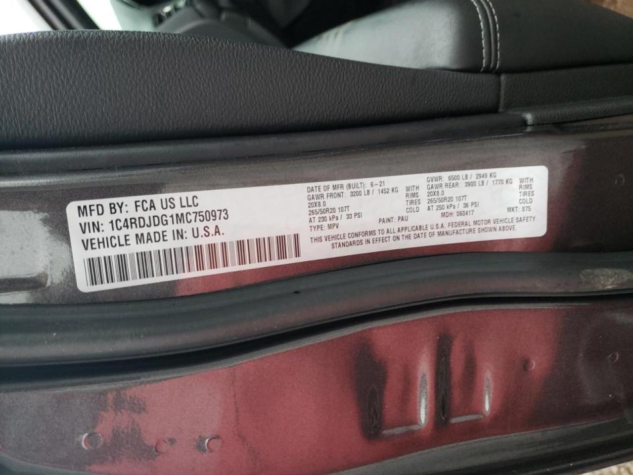 Photo 10 from auction – 2021 DODGE DURANGO GT with VIN 1C4RDJDG1MC750973