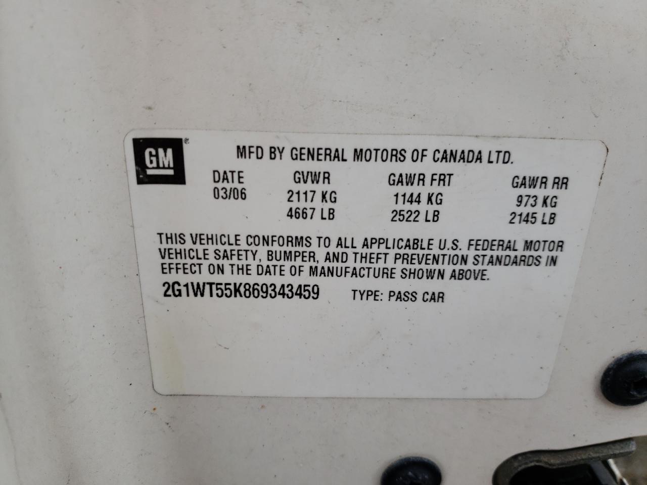 Photo 10 from auction – 2006 CHEVROLET IMPALA LT with VIN 2G1WT55K869343459