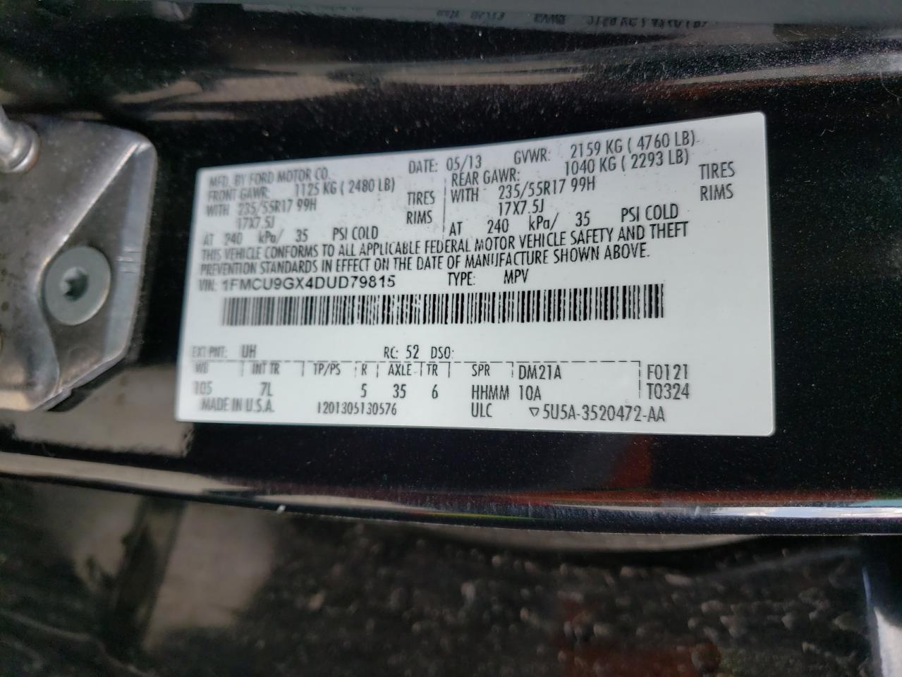 Photo 10 from auction – 2013 FORD ESCAPE SE with VIN 1FMCU9GX4DUD79815