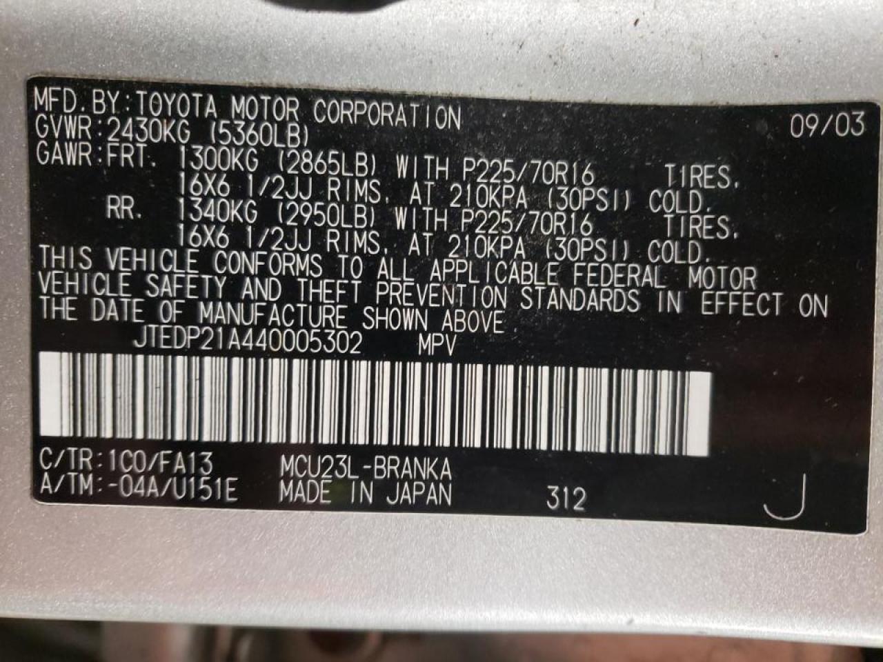 Photo 10 from auction – 2004 TOYOTA HIGHLANDER with VIN JTEDP21A440005302