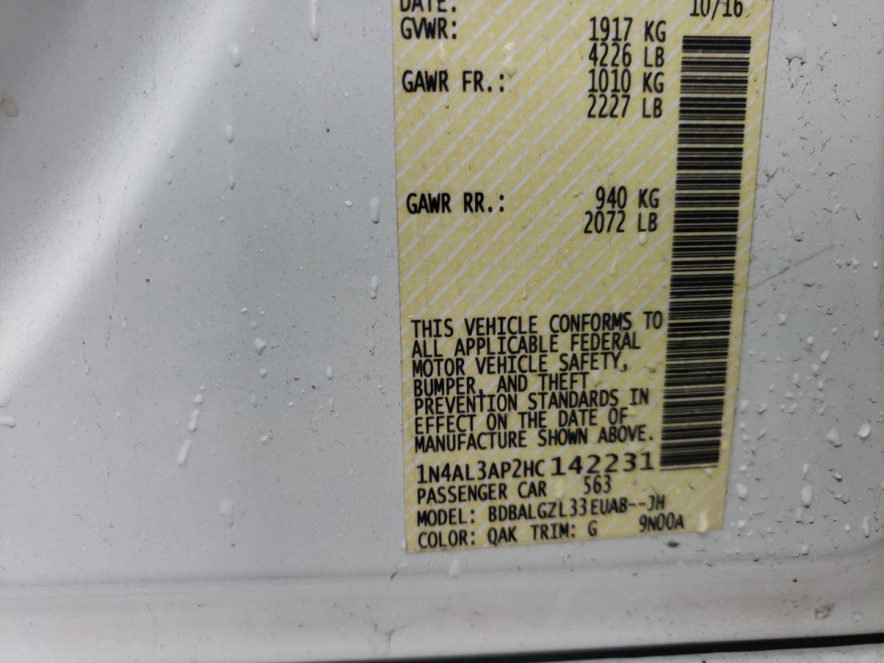 Photo 10 from auction – 2017 NISSAN ALTIMA 2.5 with VIN 1N4AL3AP2HC142231