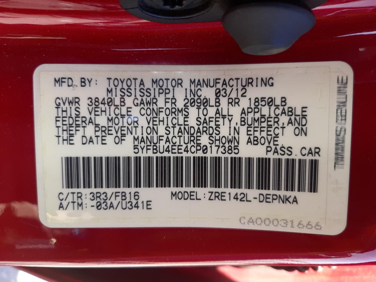 Photo 10 from auction – 2012 TOYOTA COROLLA BA with VIN 5YFBU4EE4CP017385