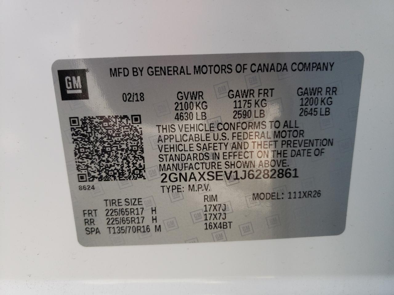 Photo 10 from auction – 2018 CHEVROLET EQUINOX LT with VIN 2GNAXSEV1J6282861