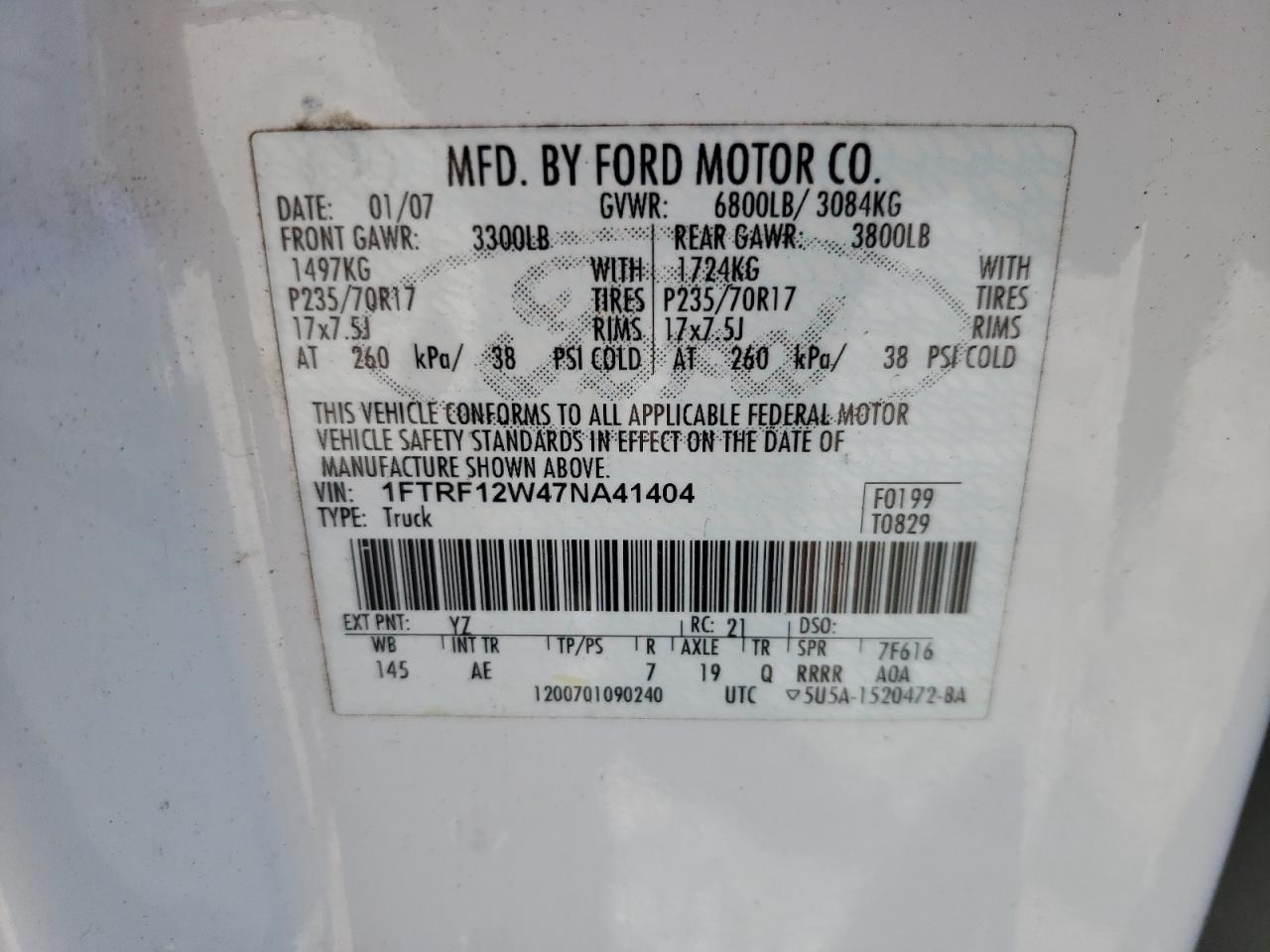 Photo 10 from auction – 2007 FORD F150 with VIN 1FTRF12W47NA41404