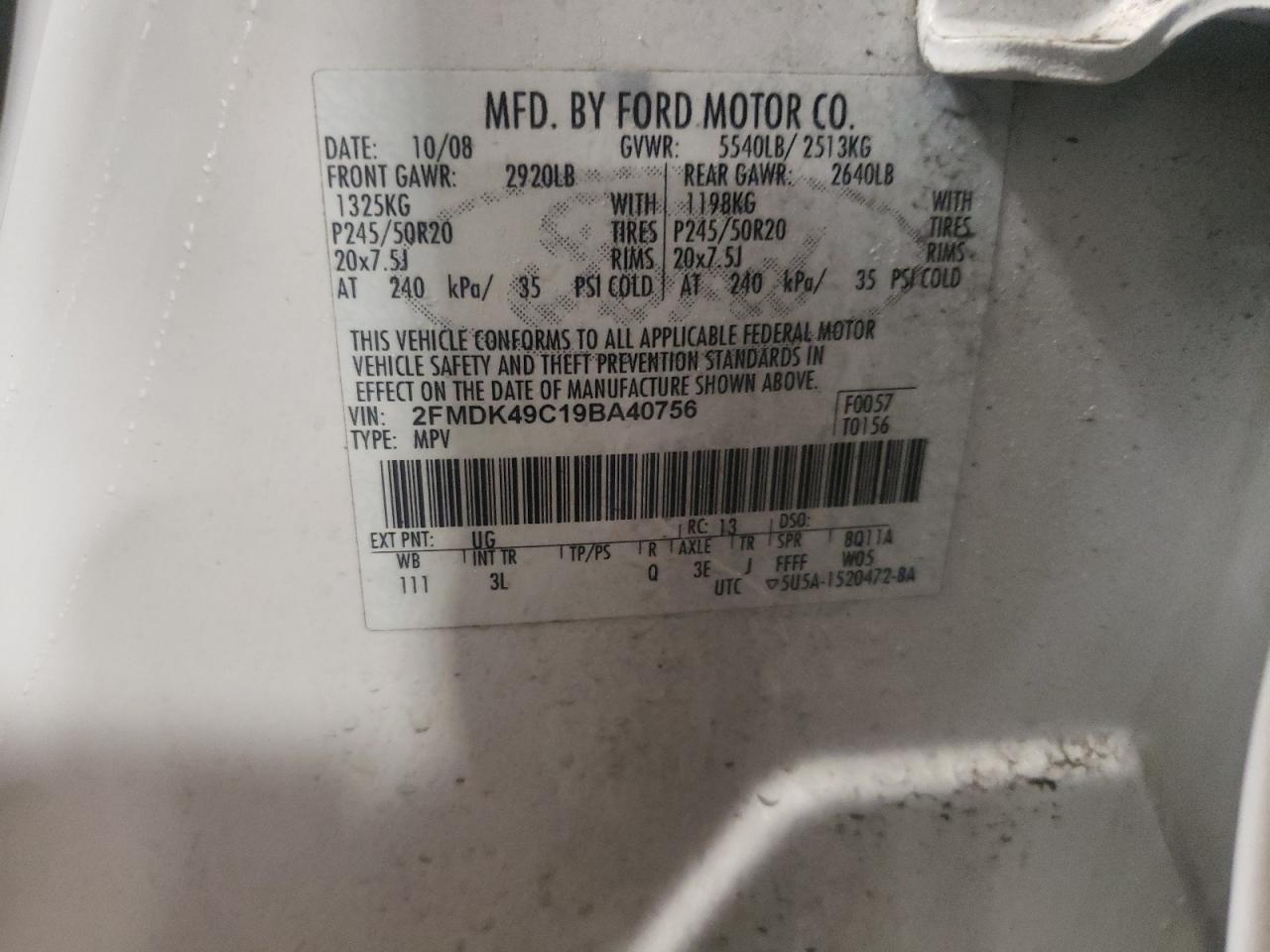 Photo 10 from auction – 2009 FORD EDGE LIMIT with VIN 2FMDK49C19BA40756