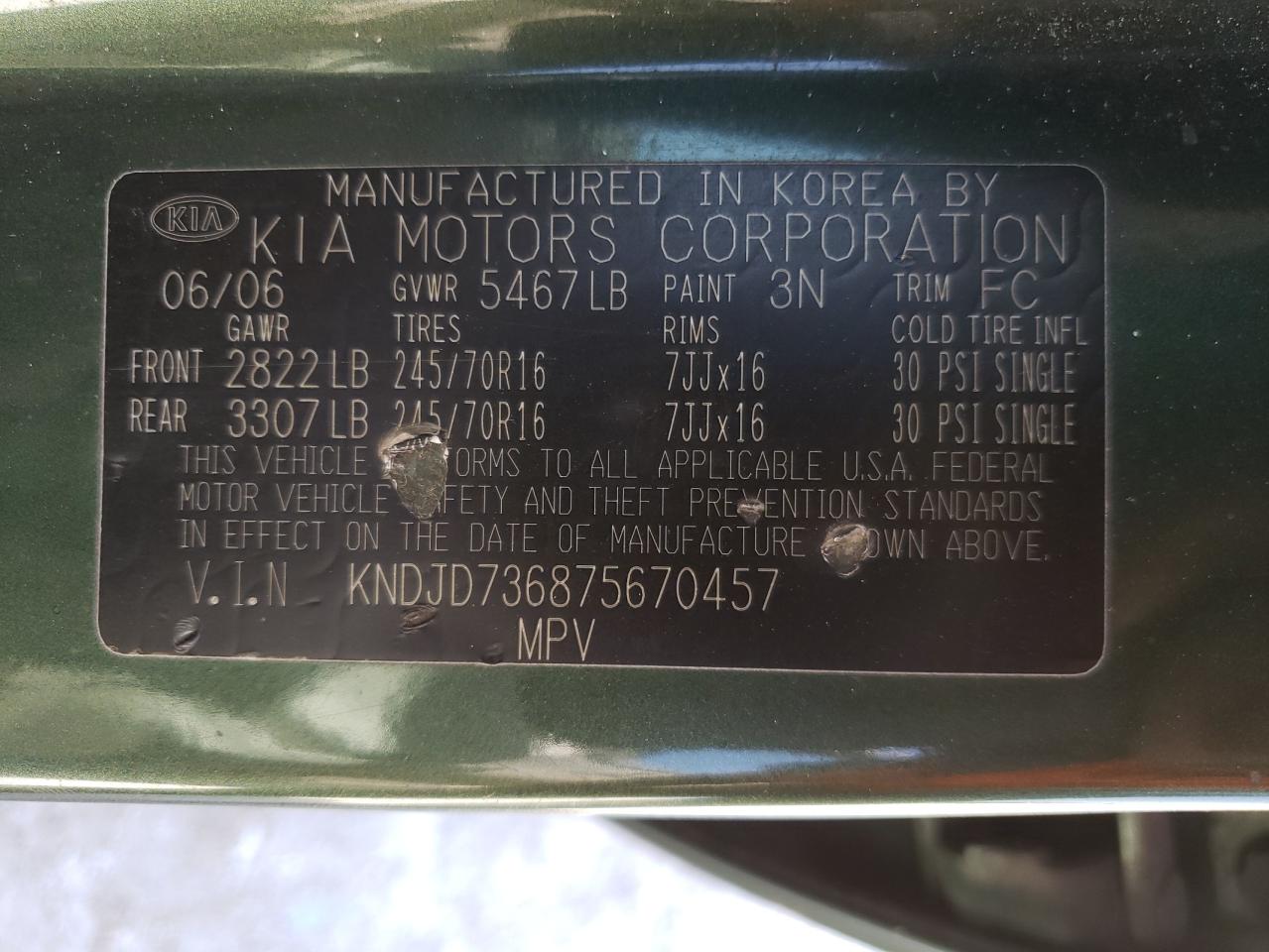 Photo 10 from auction – 2007 KIA SORENTO EX with VIN KNDJD736875670457