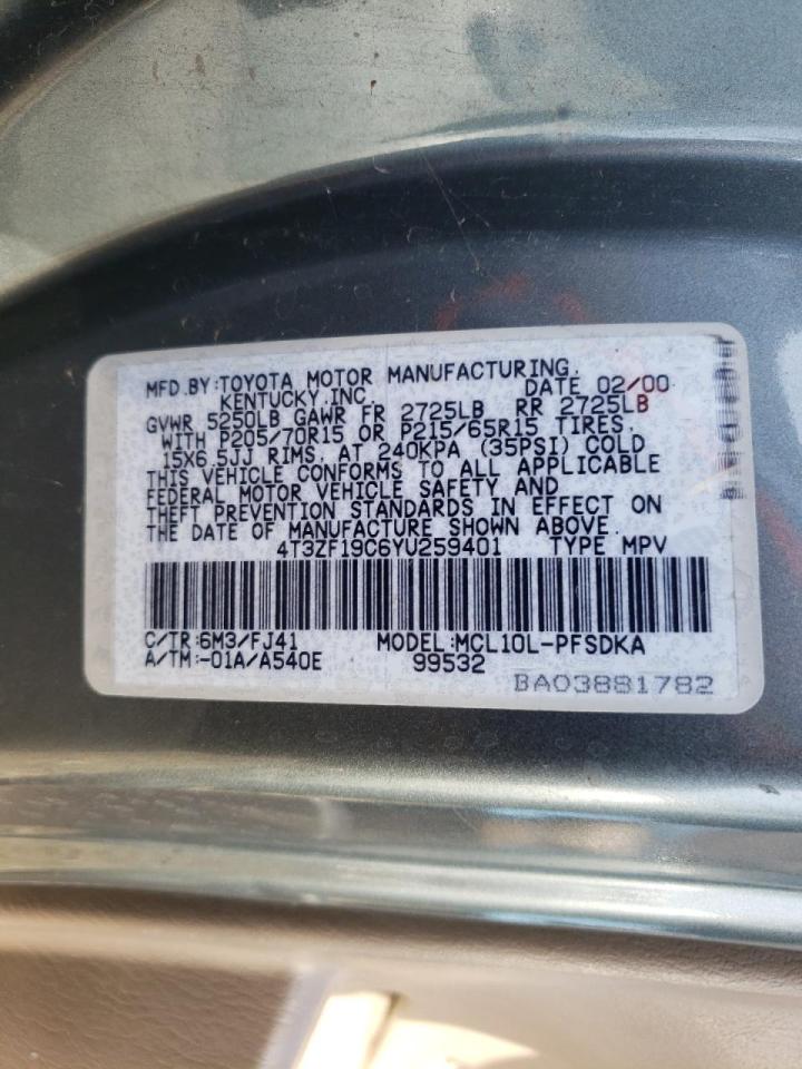 Photo 10 from auction – 2000 TOYOTA SIENNA CE with VIN 4T3ZF19C6YU259401