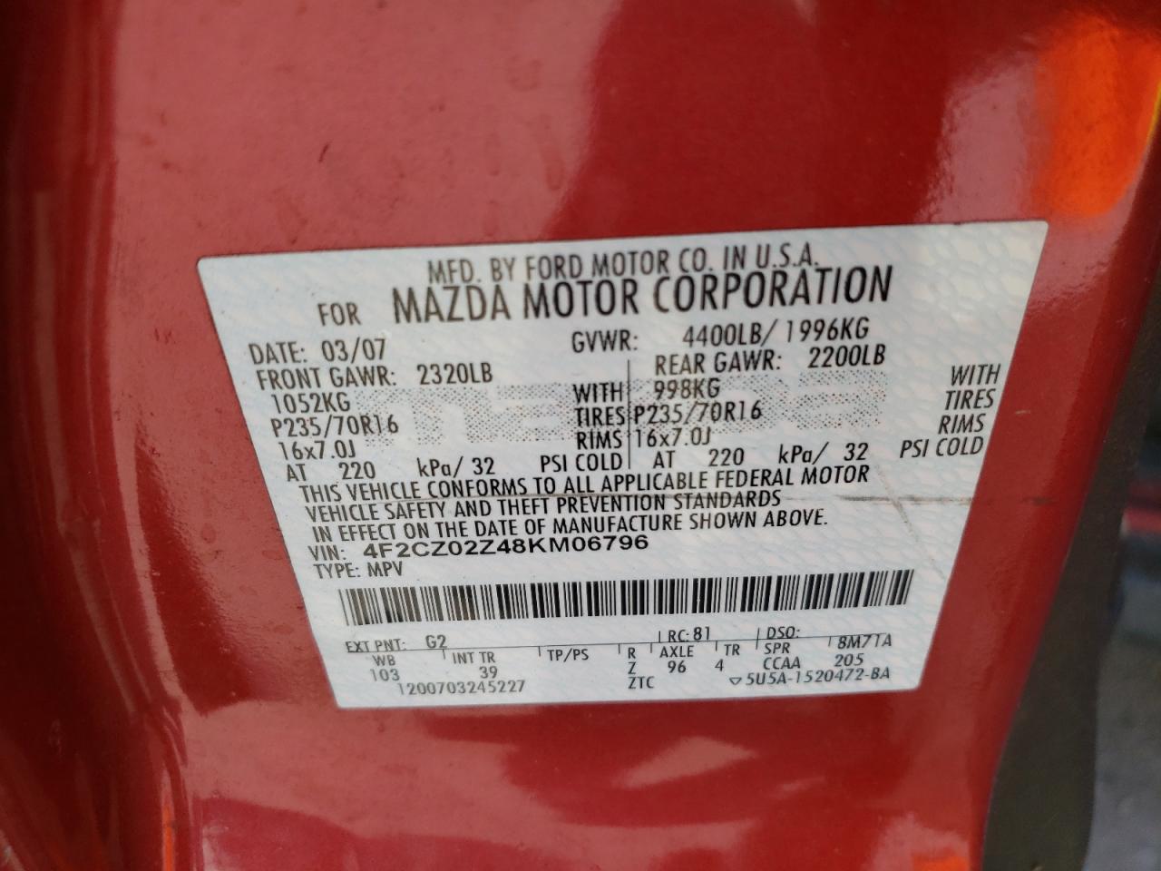 Photo 10 from auction – 2008 MAZDA TRIBUTE I with VIN 4F2CZ02Z48KM06796