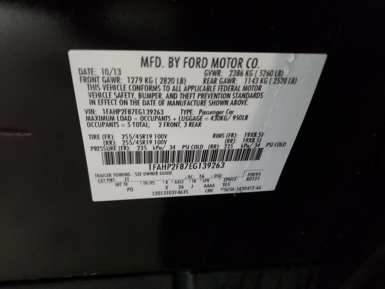 Photo 10 from auction – 2014 FORD TAURUS LIM with VIN 1FAHP2F87EG139263