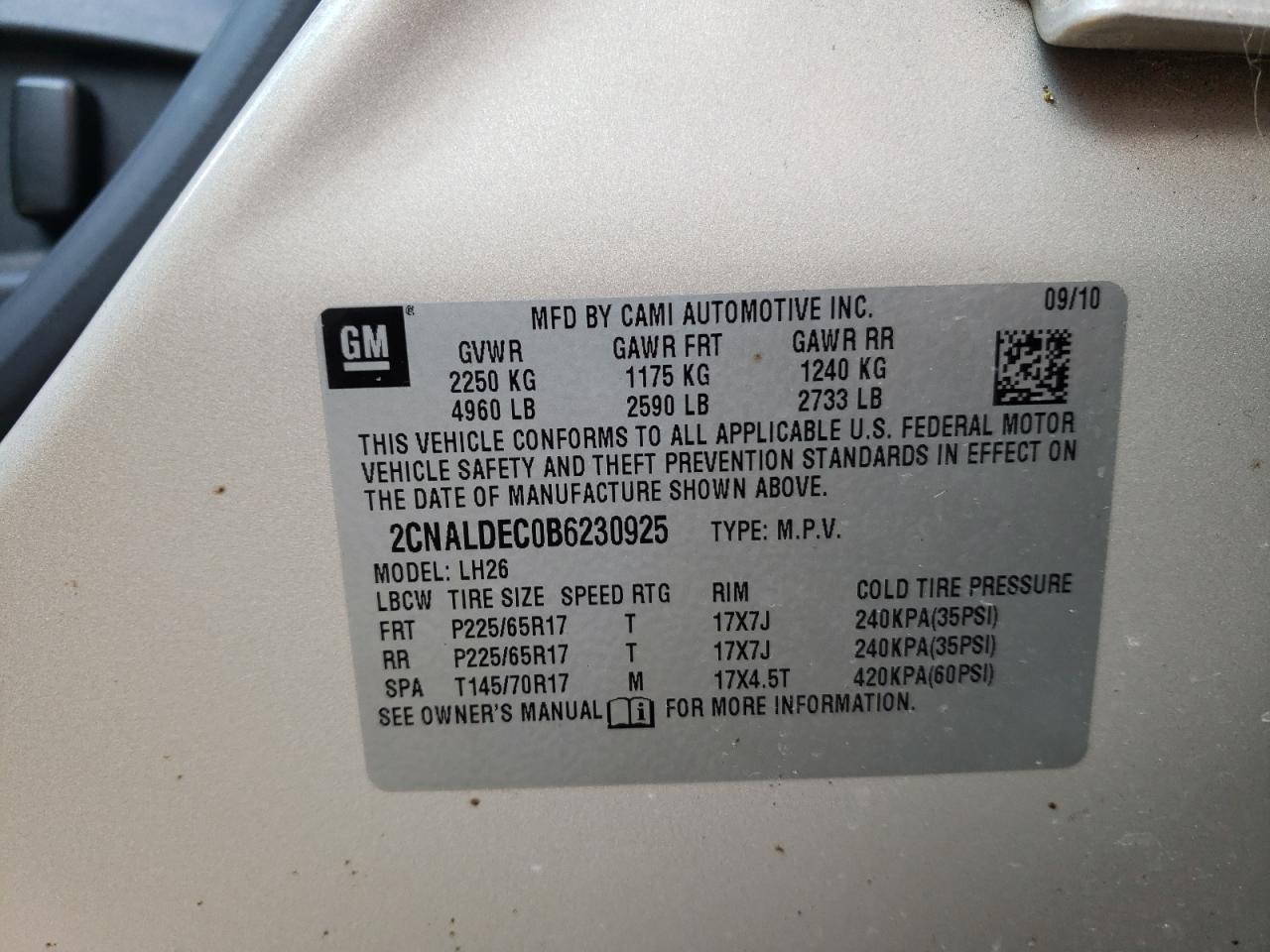Photo 10 from auction – 2011 CHEVROLET EQUINOX LT with VIN 2CNALDEC0B6230925