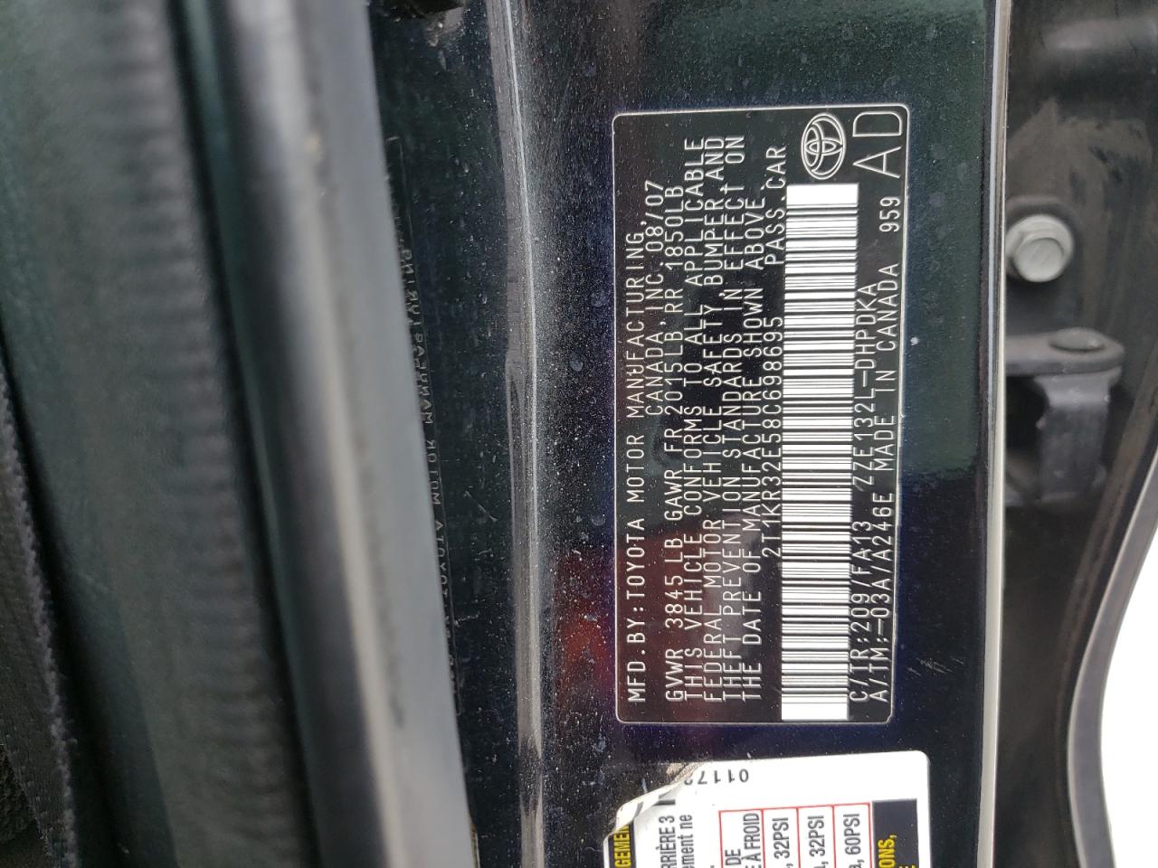 Photo 10 from auction – 2008 TOYOTA MATRIX AUT with VIN 2T1KR32E58C698695