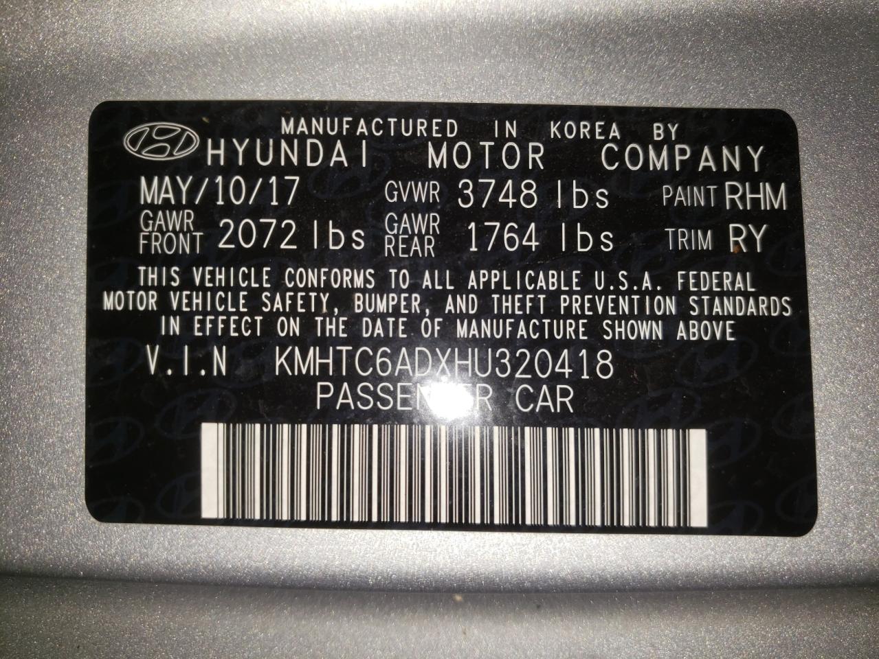 Photo 10 from auction – 2017 HYUNDAI VELOSTER with VIN KMHTC6ADXHU320418