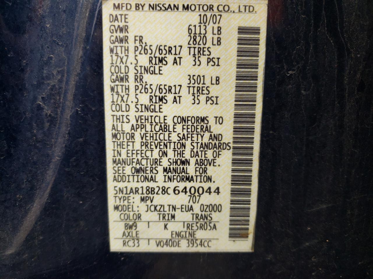 Photo 10 from auction – 2008 NISSAN PATHFINDER with VIN 5N1AR18B28C640044