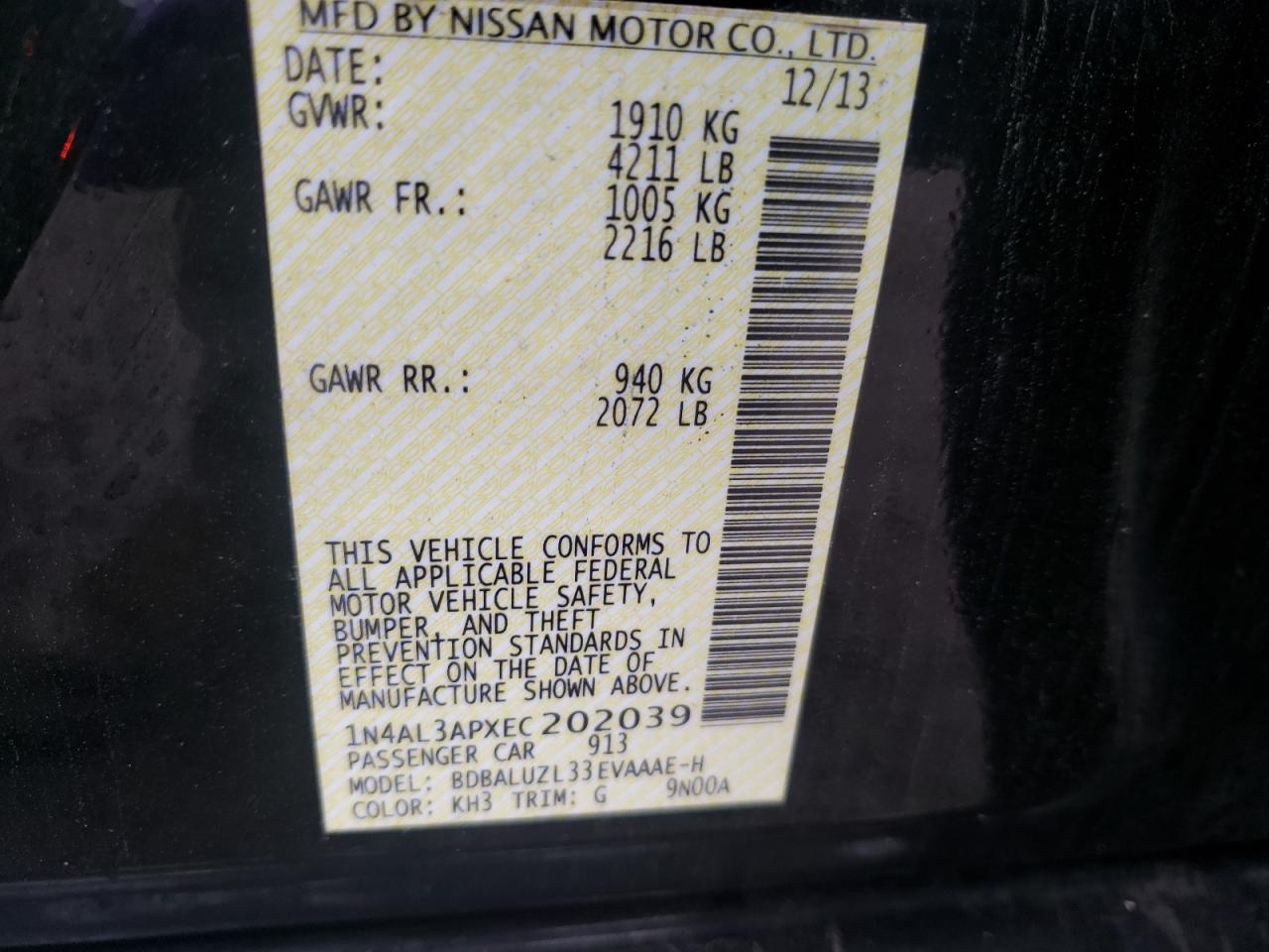 Photo 10 from auction – 2014 NISSAN ALTIMA 2.5 with VIN 1N4AL3APXEC202039