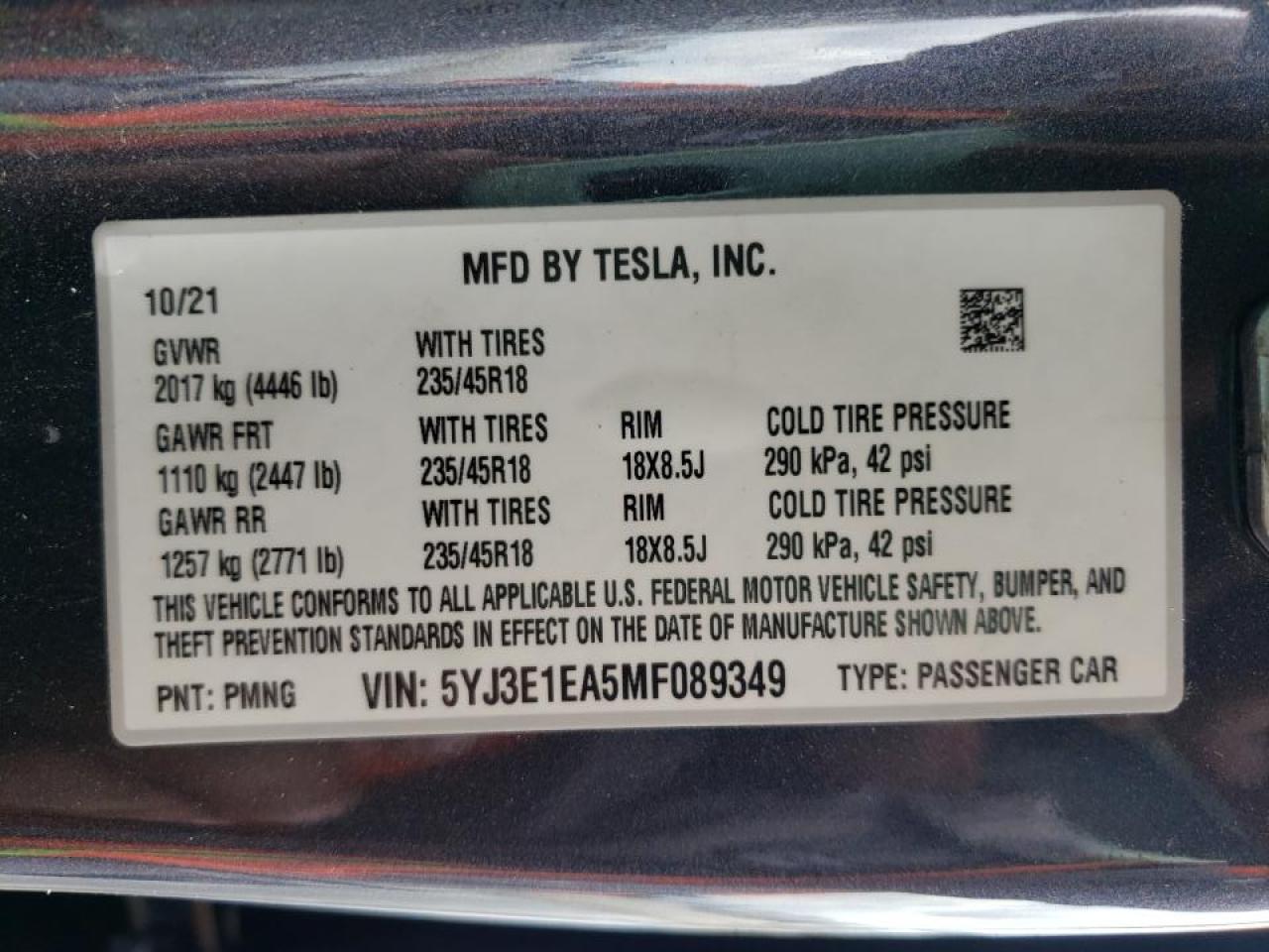 Photo 10 from auction – 2021 TESLA MODEL 3 with VIN 5YJ3E1EA5MF089349