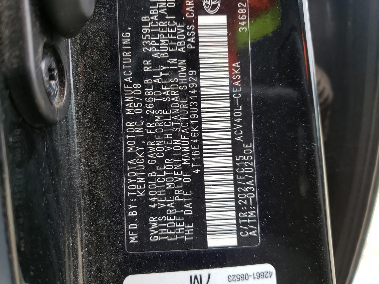 Photo 10 from auction – 2009 TOYOTA CAMRY BASE with VIN 4T1BE46K19U314929