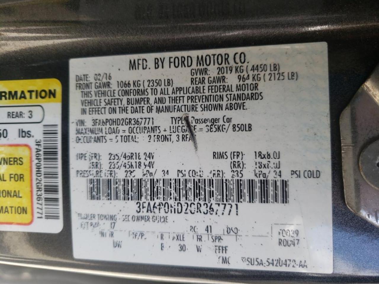 Photo 10 from auction – 2016 FORD FUSION SE with VIN 3FA6P0HD2GR367771