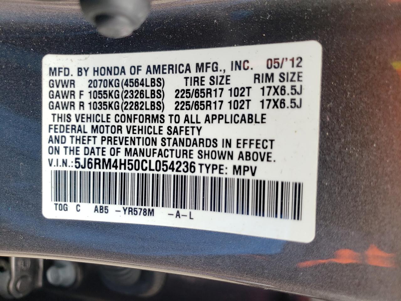 Photo 10 from auction – 2012 HONDA CR-V EX with VIN 5J6RM4H50CL054236