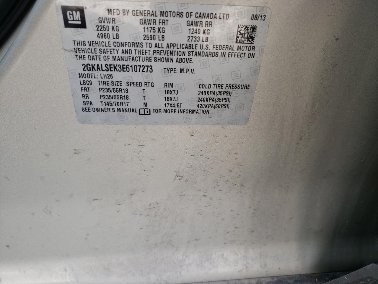 Photo 10 from auction – 2014 GMC TERRAIN SL with VIN 2GKALSEK3E6107273