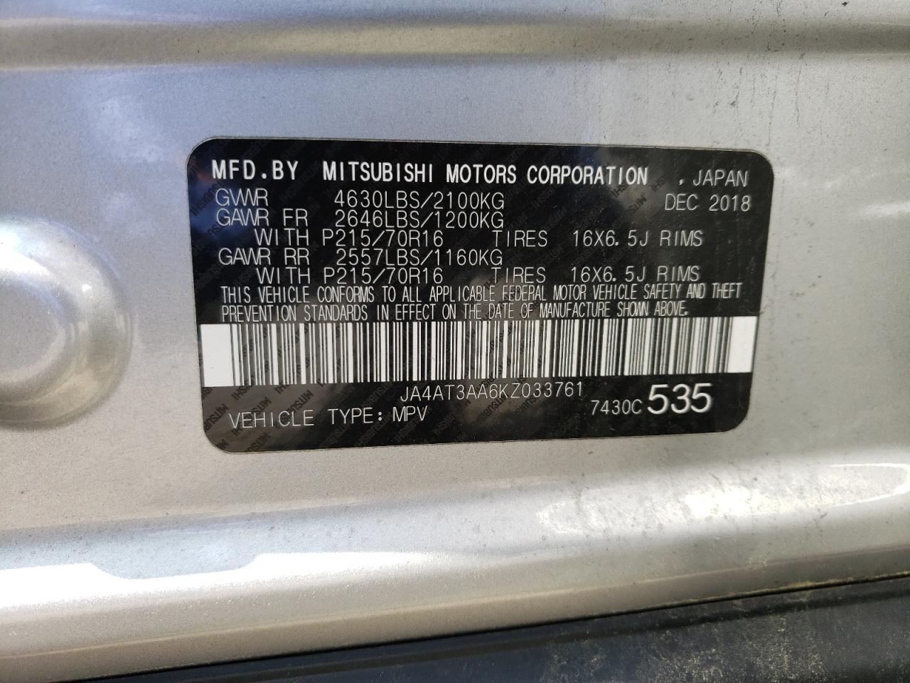 Photo 10 from auction – 2019 MITSUBISHI ECLIPSE CR with VIN JA4AT3AA6KZ033761