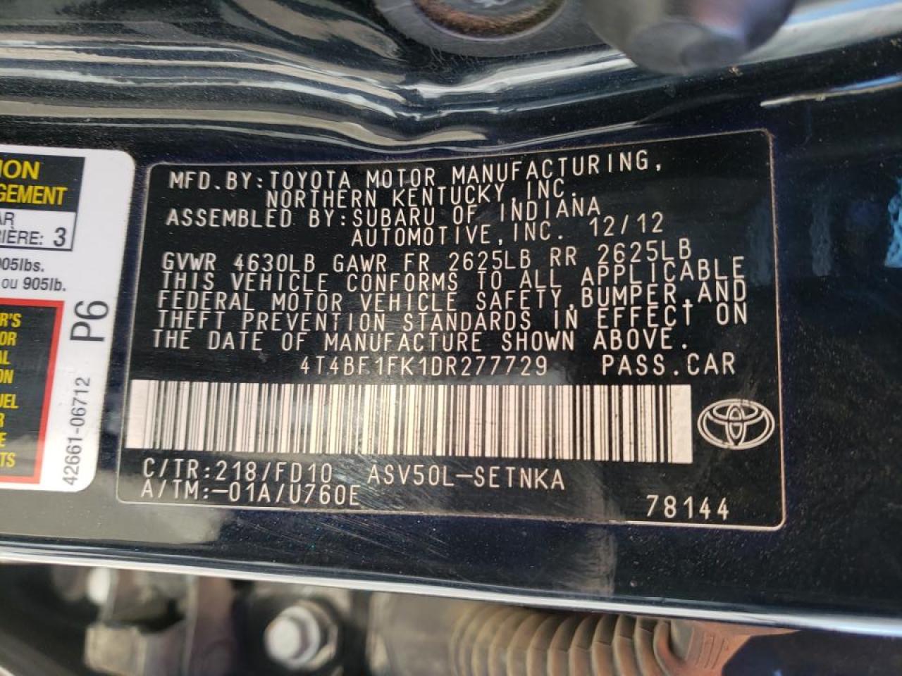 Photo 10 from auction – 2013 TOYOTA CAMRY L with VIN 4T4BF1FK1DR277729