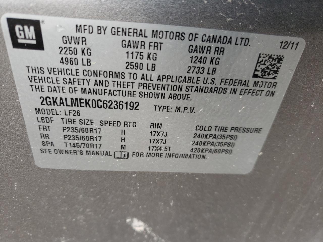 Photo 10 from auction – 2012 GMC TERRAIN SL with VIN 2GKALMEK0C6236192