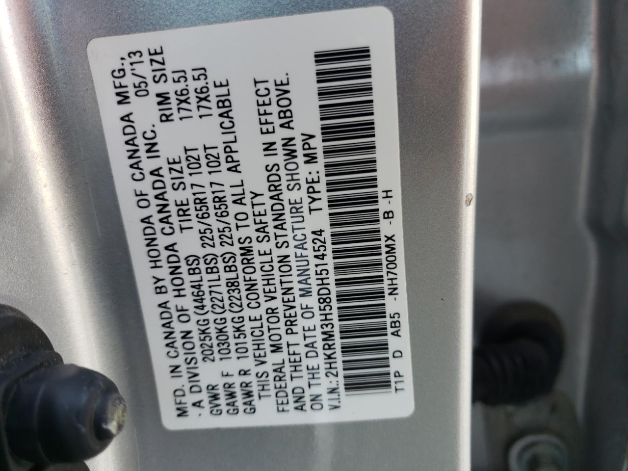 Photo 10 from auction – 2013 HONDA CR-V EX with VIN 2HKRM3H58DH514524