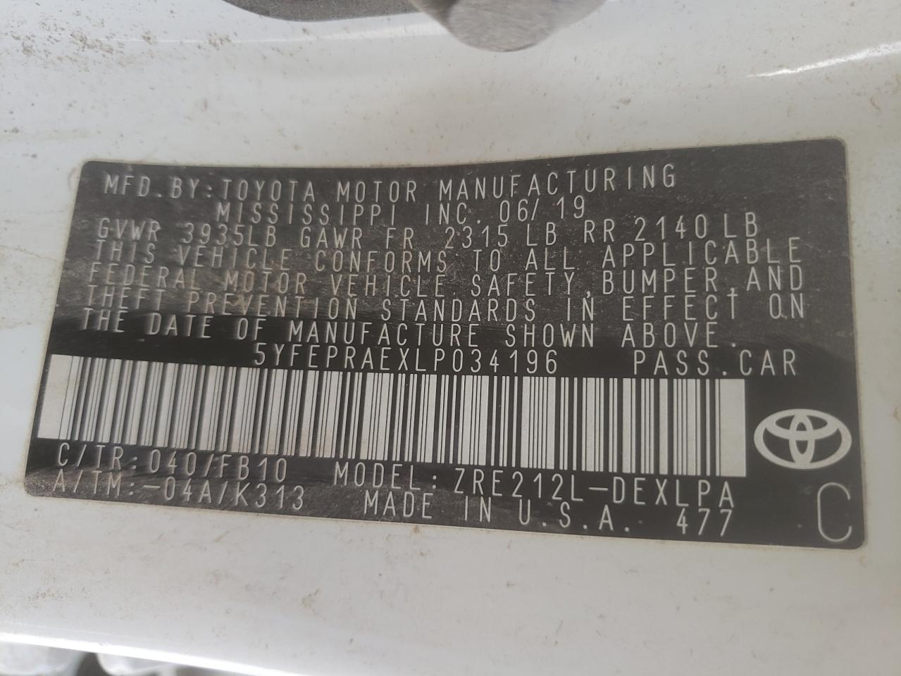 Photo 10 from auction – 2020 TOYOTA COROLLA LE with VIN 5YFEPRAEXLP034196