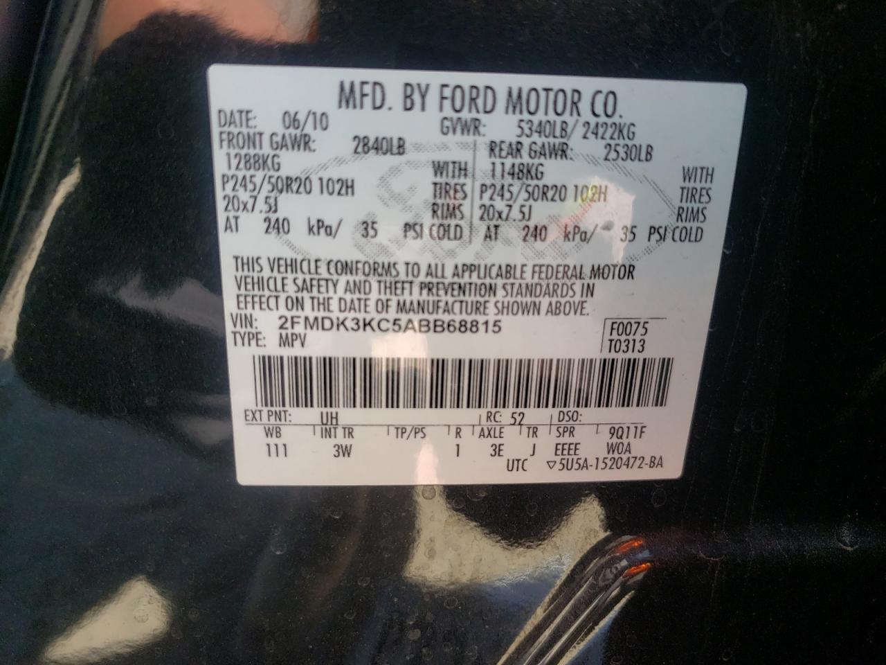 Photo 10 from auction – 2010 FORD EDGE with VIN 2FMDK3KC5ABB68815