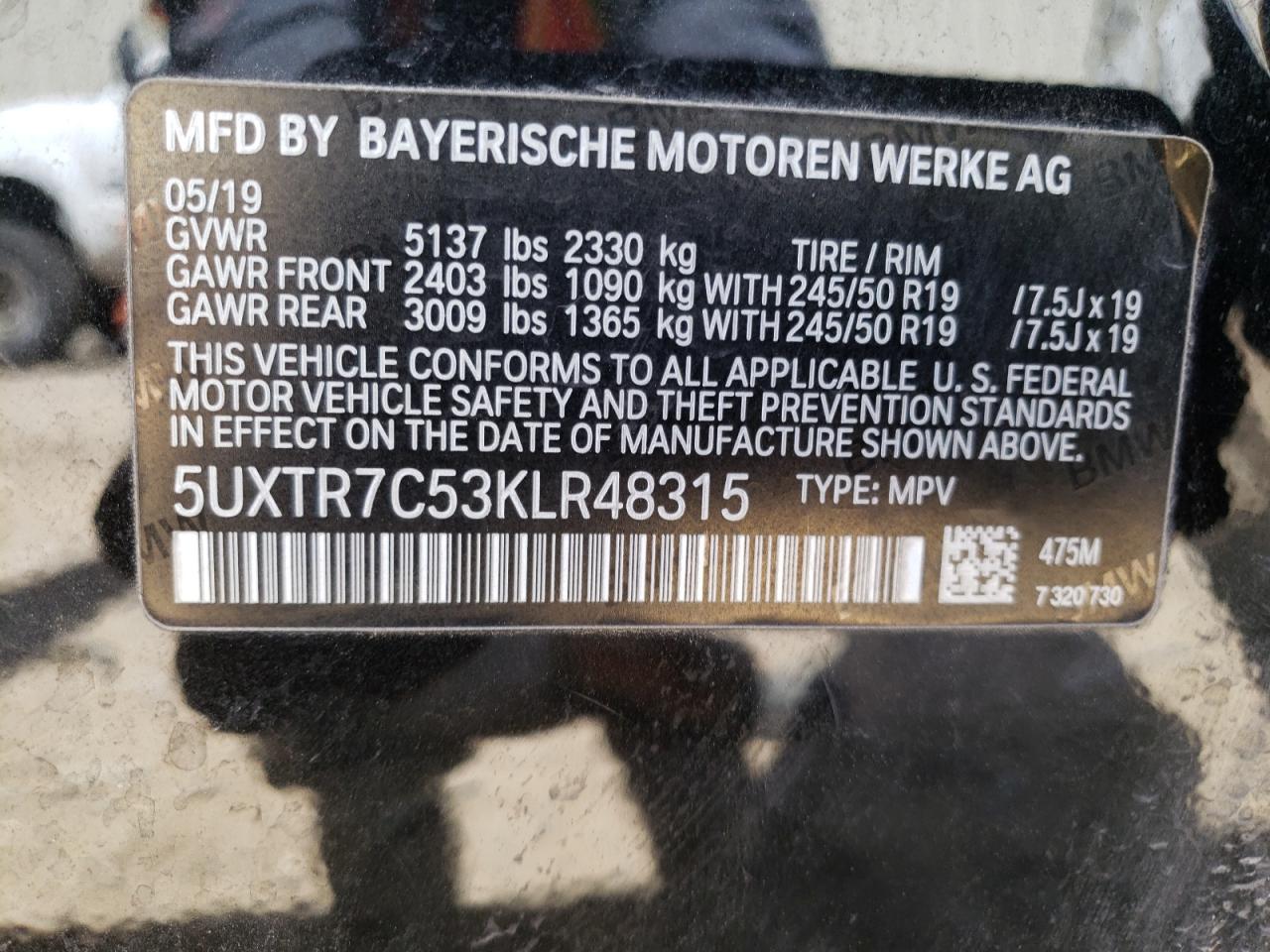 Photo 10 from auction – 2019 BMW X3 SDRIVE3 with VIN 5UXTR7C53KLR48315