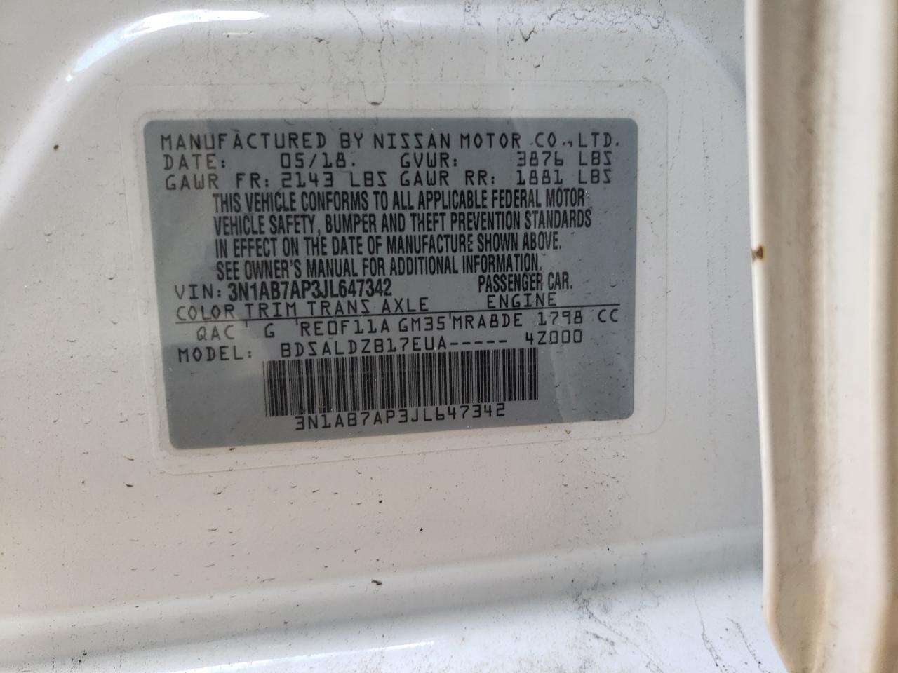 Photo 10 from auction – 2018 NISSAN SENTRA S with VIN 3N1AB7AP3JL647342