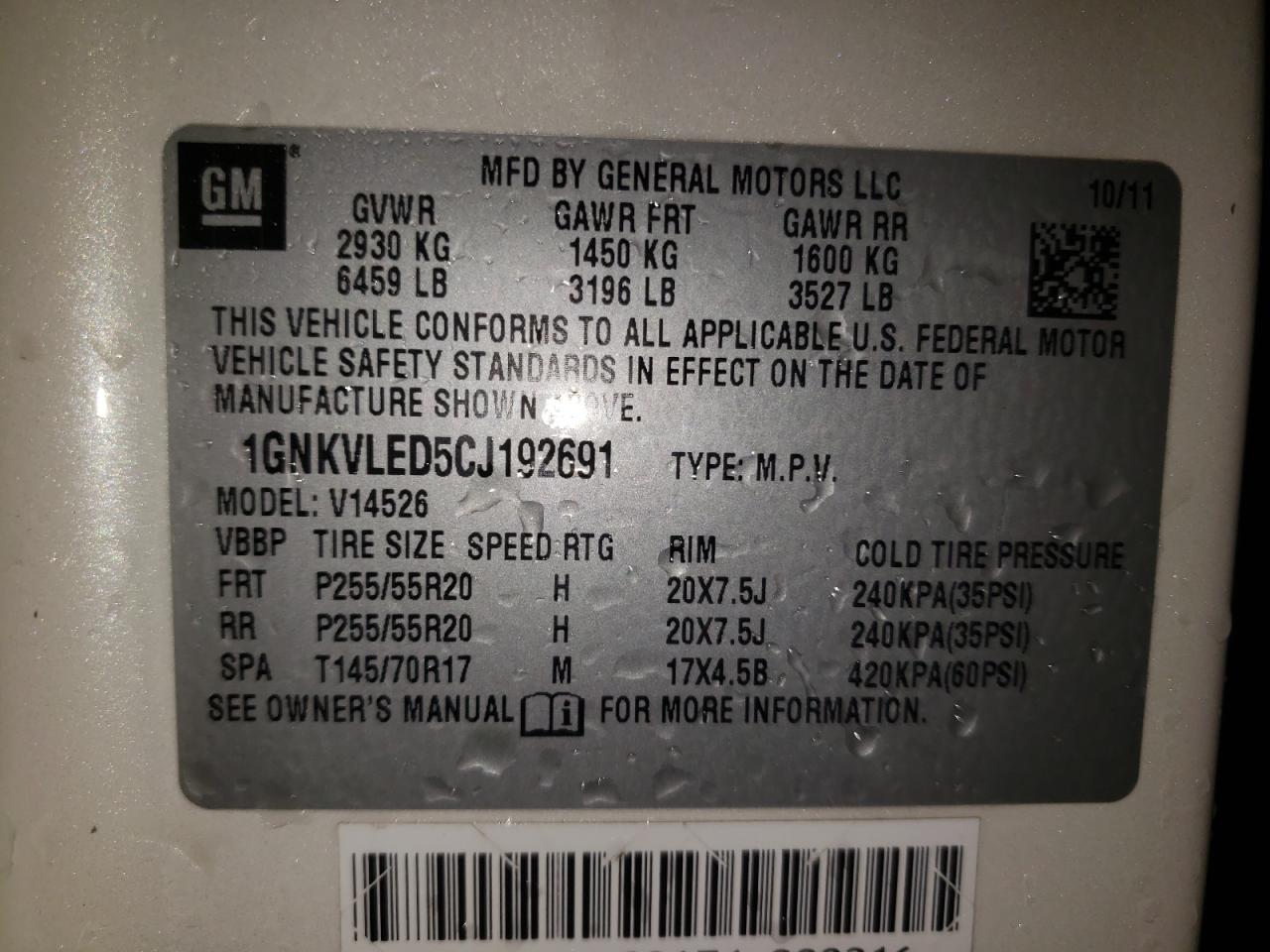 Photo 10 from auction – 2012 CHEVROLET TRAVERSE L with VIN 1GNKVLED5CJ192691