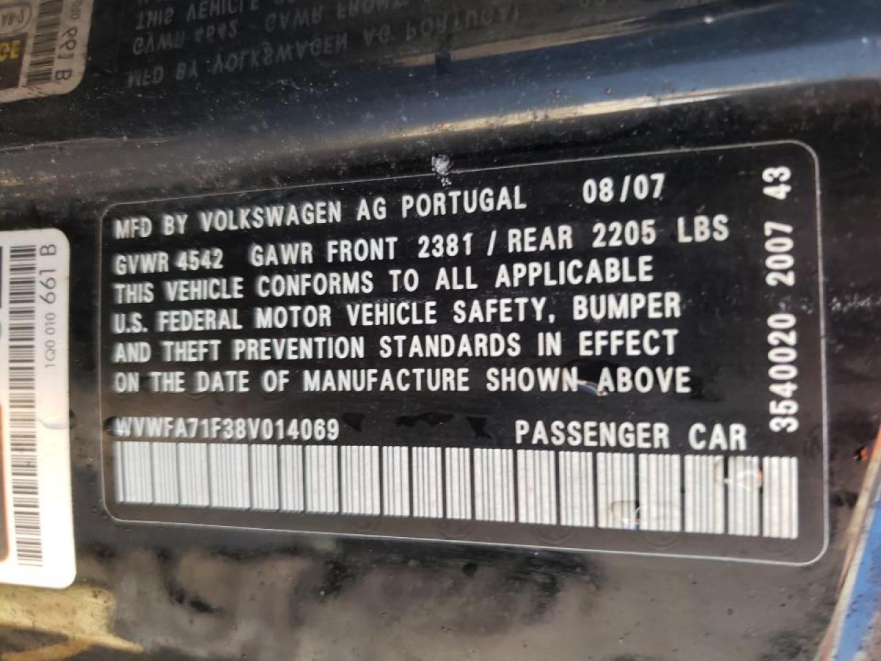 Photo 10 from auction – 2008 VOLKSWAGEN EOS LUX with VIN WVWFA71F38V014069