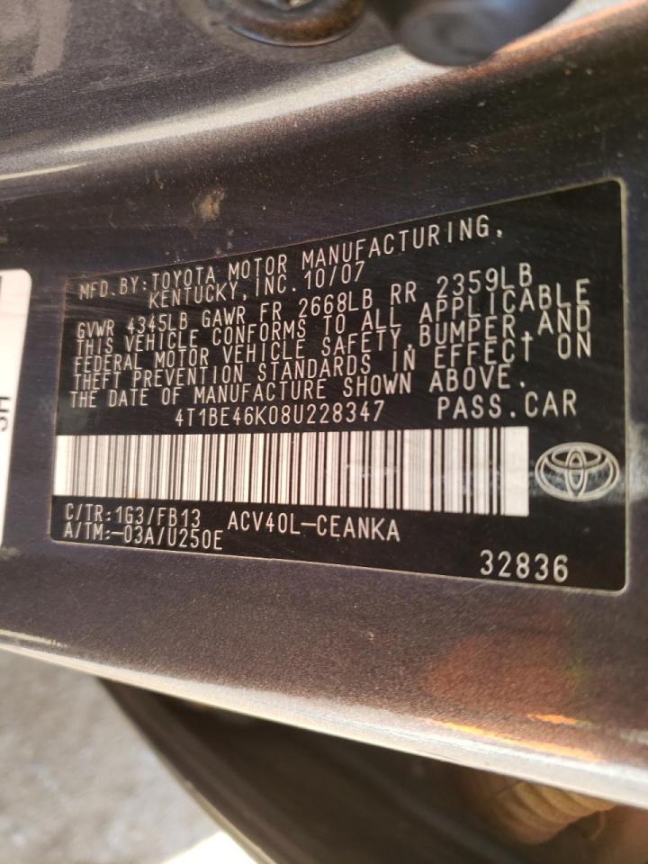Photo 10 from auction – 2008 TOYOTA CAMRY CE with VIN 4T1BE46K08U228347