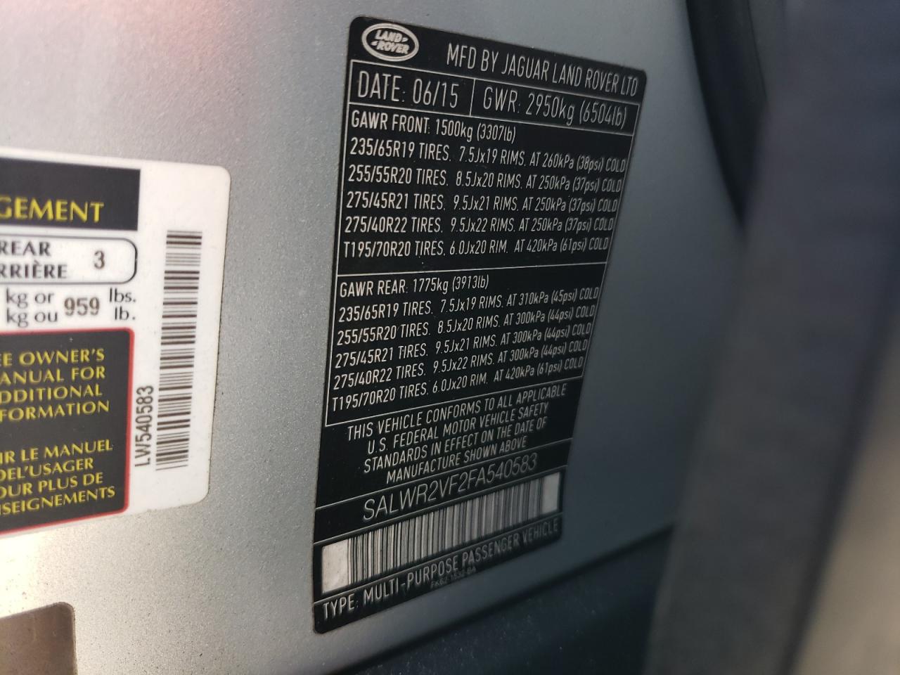Photo 10 from auction – 2015 LAND ROVER RANGE ROVE with VIN SALWR2VF2FA540583