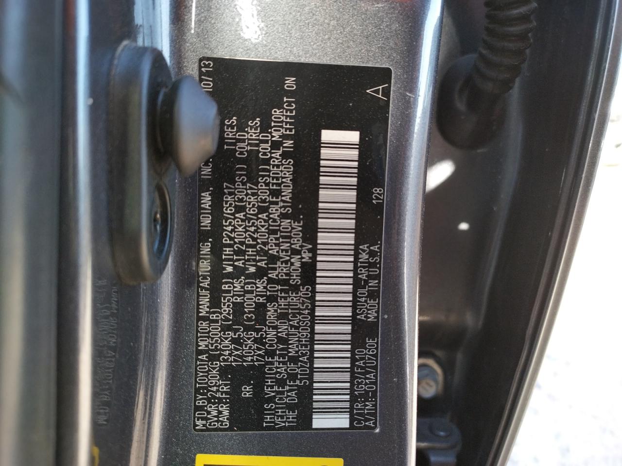 Photo 10 from auction – 2013 TOYOTA HIGHLANDER with VIN 5TDZA3EH9DS045705