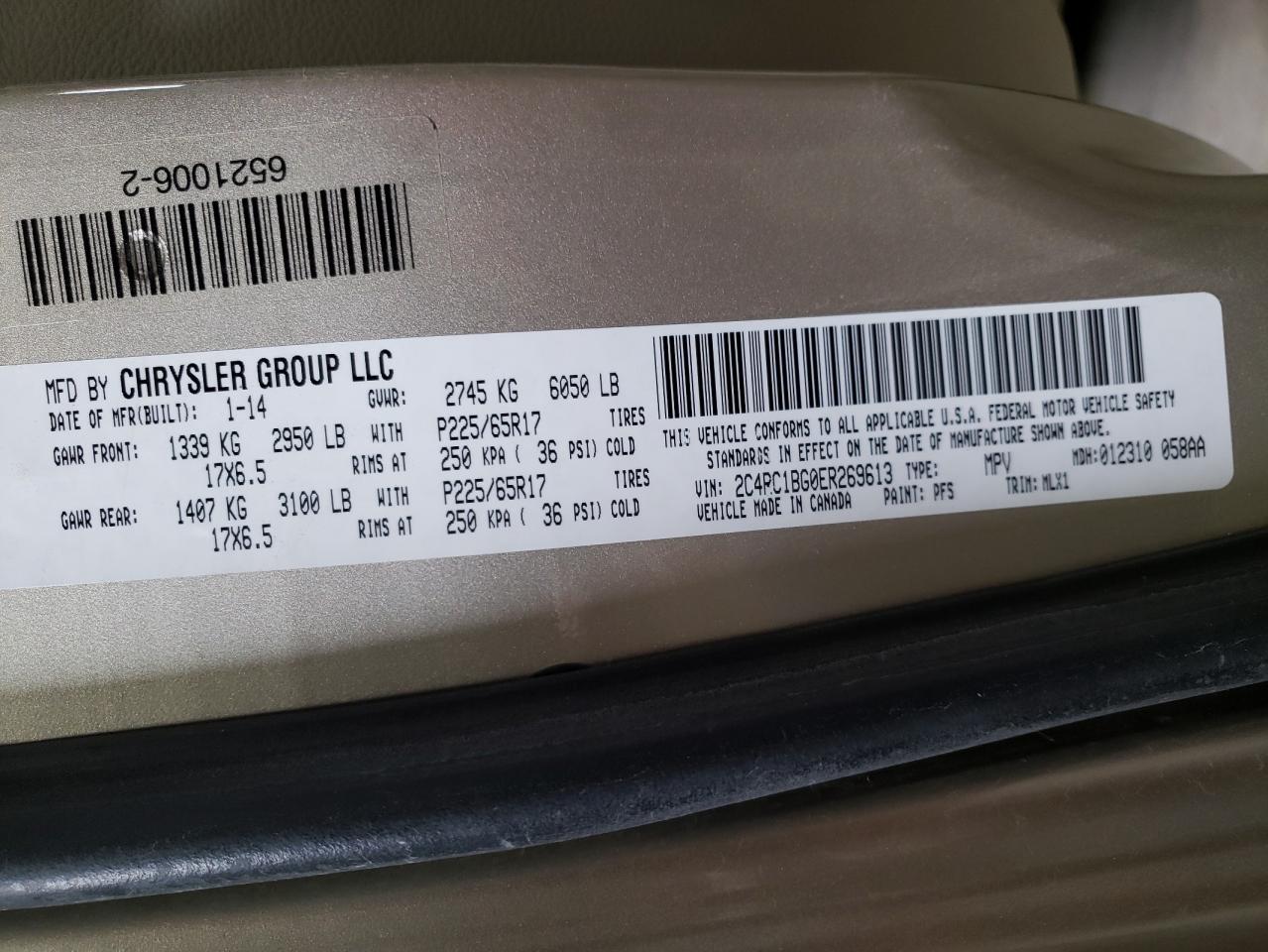 Photo 10 from auction – 2014 CHRYSLER TOWN & COU with VIN 2C4RC1BG0ER269613