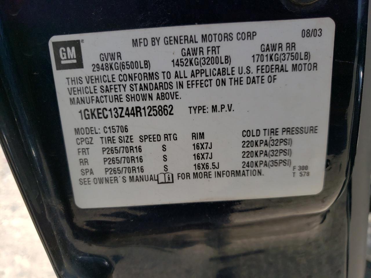 Photo 10 from auction – 2004 GMC YUKON with VIN 1GKEC13Z44R125862