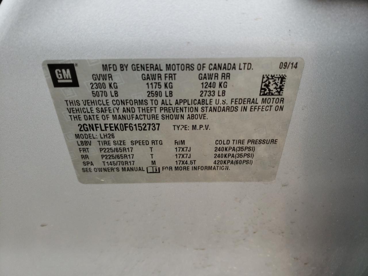 Photo 10 from auction – 2015 CHEVROLET EQUINOX LT with VIN 2GNFLFEK0F6152737