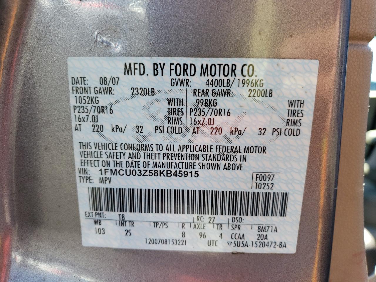 Photo 10 from auction – 2008 FORD ESCAPE with VIN 1FMCU03Z58KB45915